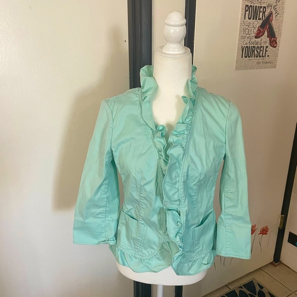 Petite Mint green 3/4 sleeve dress jacket with ruffles and pockets from Talbots - Picture 1 of 9